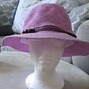 Elegant Pink Sun Hat with Beaded Band. Packable and Foldable